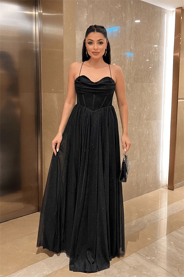 Simli Tül Kumaş Sırt İpli Abiye Elbise - SİYAH