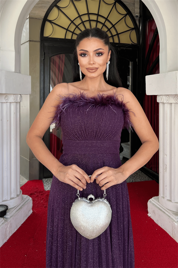 Simli Tül Kumaş Yaka Otriş Plise Detaylı Abiye Elbise - PATLICAN MOR