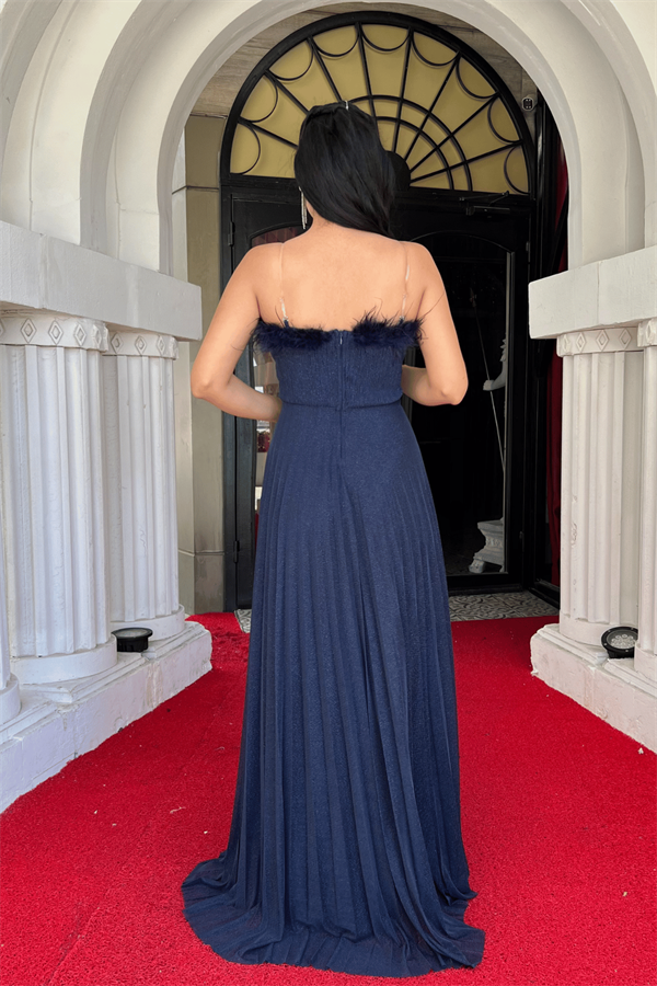 Simli Tül Kumaş Yaka Otriş Plise Detaylı Abiye Elbise - LACİVERT