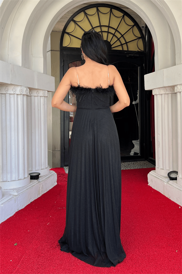 Simli Tül Kumaş Yaka Otriş Plise Detaylı Abiye Elbise - SİYAH