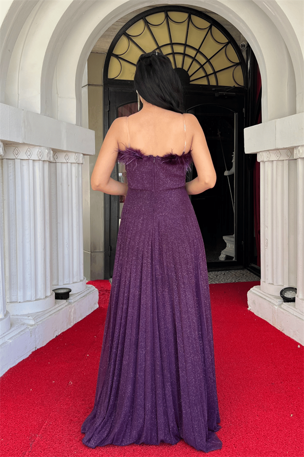 Simli Tül Kumaş Yaka Otriş Plise Detaylı Abiye Elbise - PATLICAN MOR