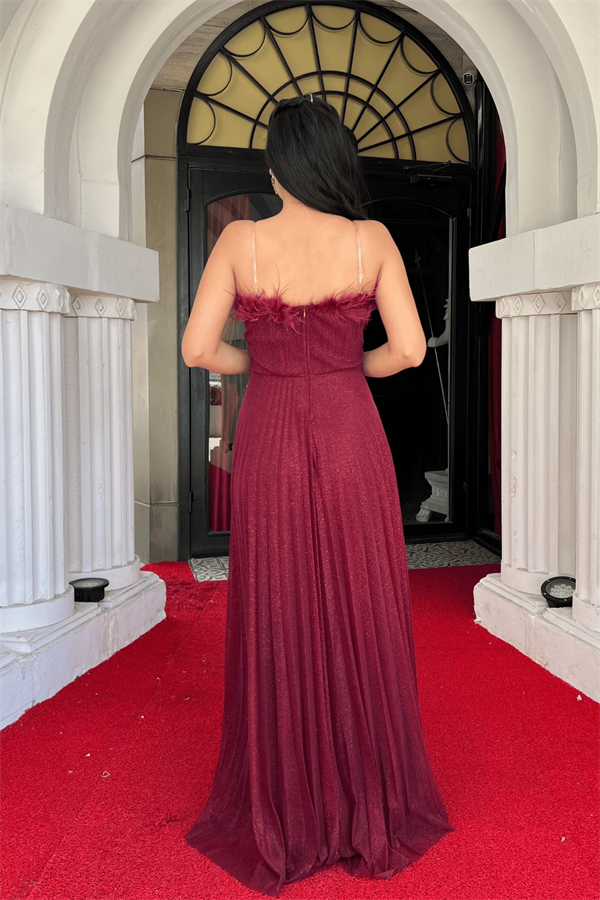 Simli Tül Kumaş Yaka Otriş Plise Detaylı Abiye Elbise - BORDO