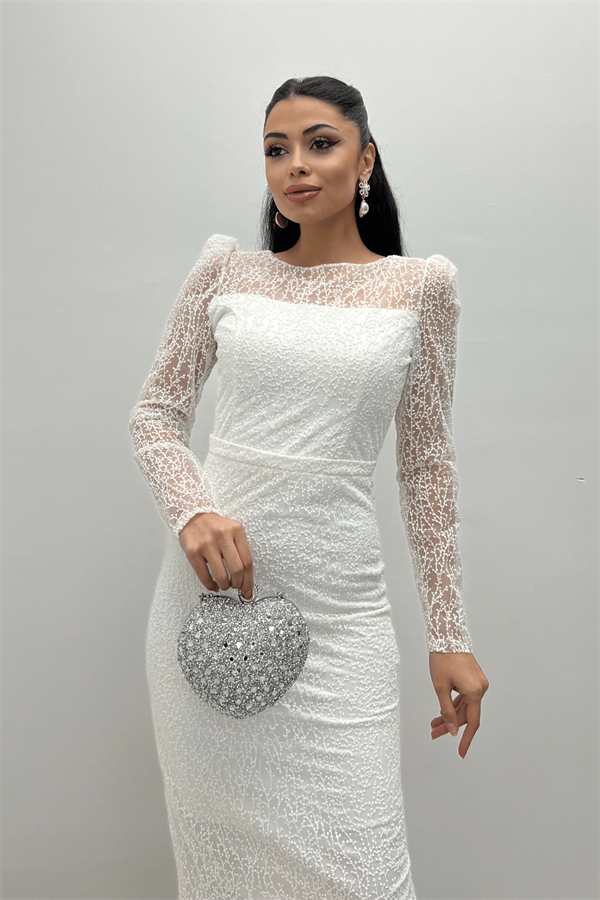 Simli Tül Kumaş Yuvarlak Yaka Kalem Elbise - BEYAZ