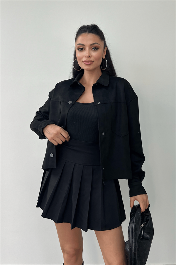 Süet Kumaş Düğme Detaylı Ceket - SİYAH