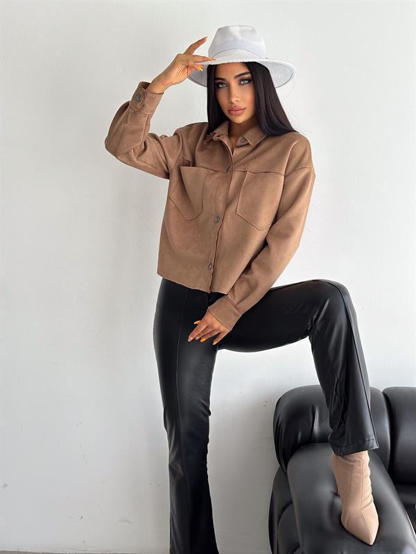 Süet Kumaş Düğme Detaylı Ceket - VİZON