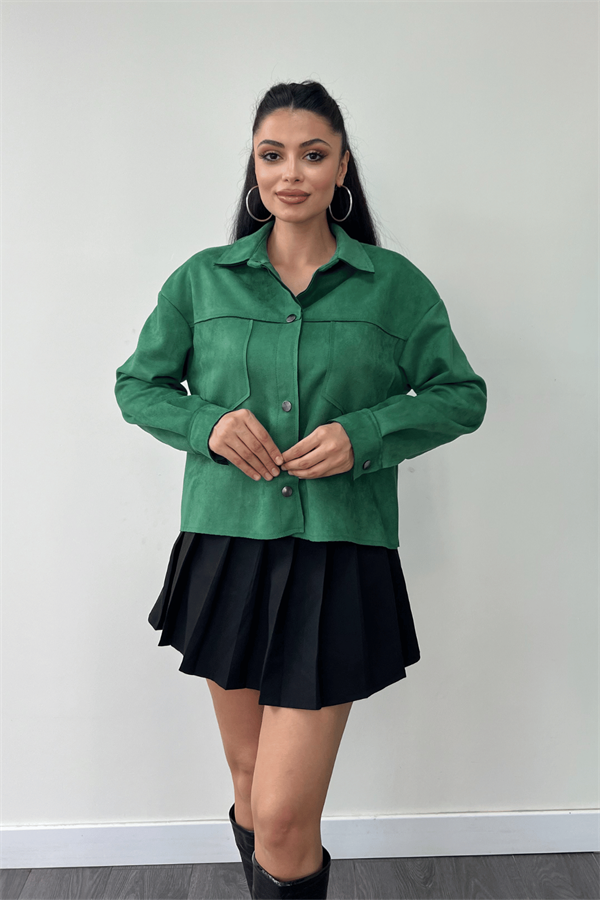 Süet Kumaş Düğme Detaylı Ceket - YEŞİL