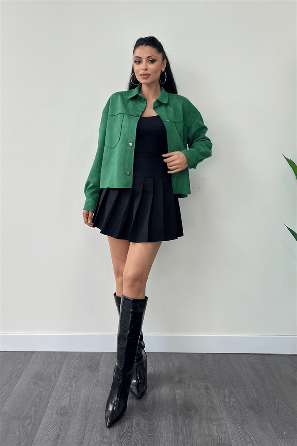 Süet Kumaş Düğme Detaylı Ceket - YEŞİL