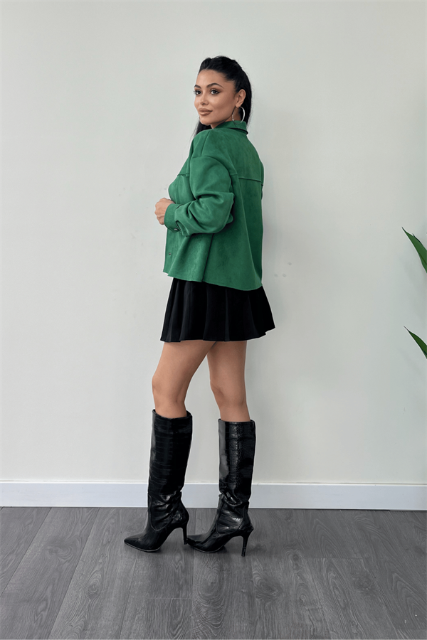 Süet Kumaş Düğme Detaylı Ceket - YEŞİL