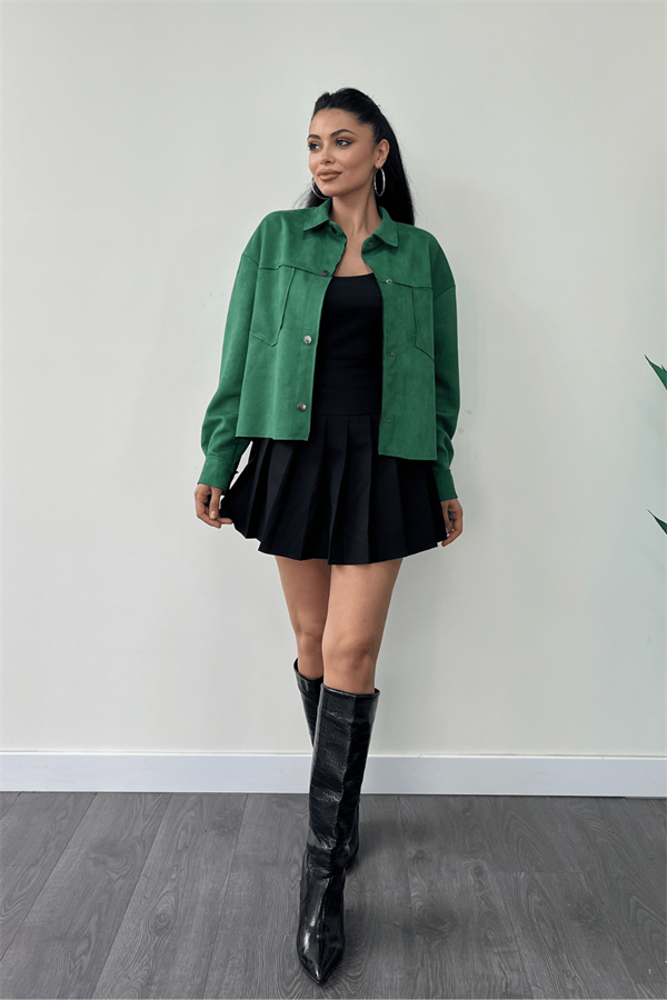 Süet Kumaş Düğme Detaylı Ceket - YEŞİL