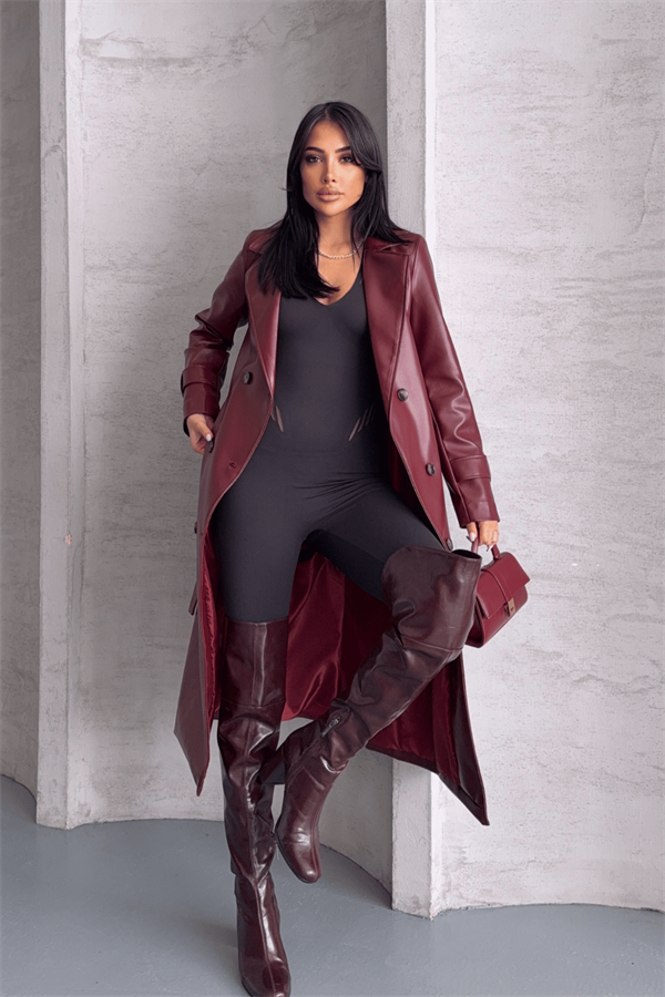 Suni Deri Kumaş Ceket - BORDO