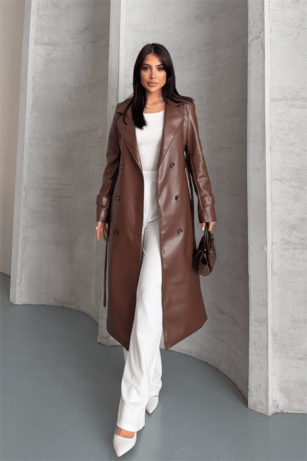 Suni Deri Kumaş Ceket - KAHVERENGİ