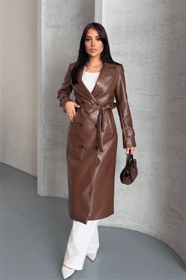 Suni Deri Kumaş Ceket - KAHVERENGİ