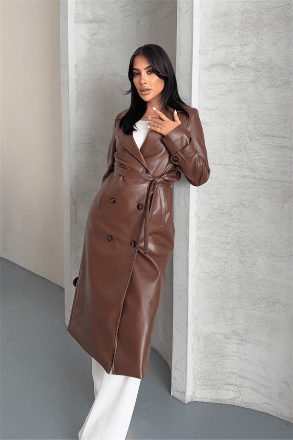 Suni Deri Kumaş Ceket - KAHVERENGİ