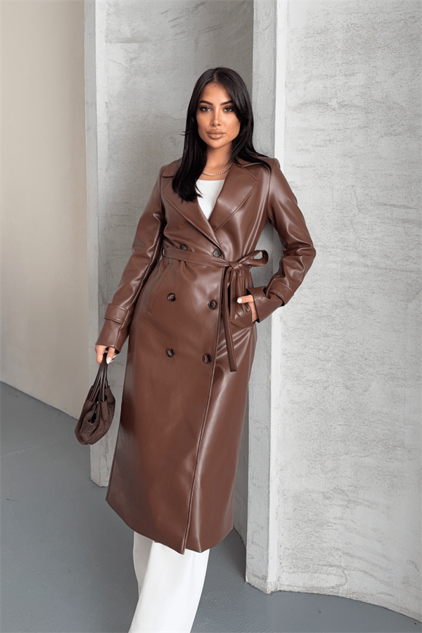 Suni Deri Kumaş Ceket - KAHVERENGİ