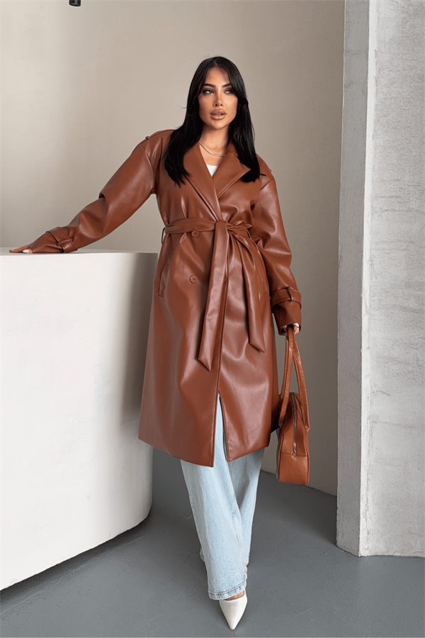 Suni Deri Kumaş Kısa Ceket - AÇIK KAHVE