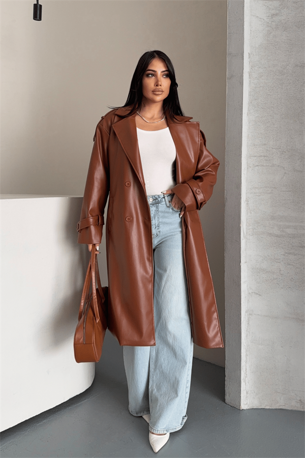 Suni Deri Kumaş Kısa Ceket - AÇIK KAHVE