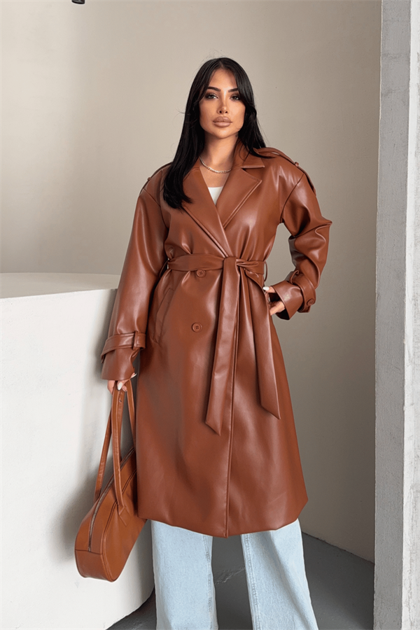 Suni Deri Kumaş Kısa Ceket - AÇIK KAHVE