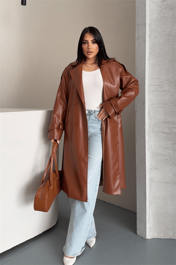 Suni Deri Kumaş Kısa Ceket - AÇIK KAHVE