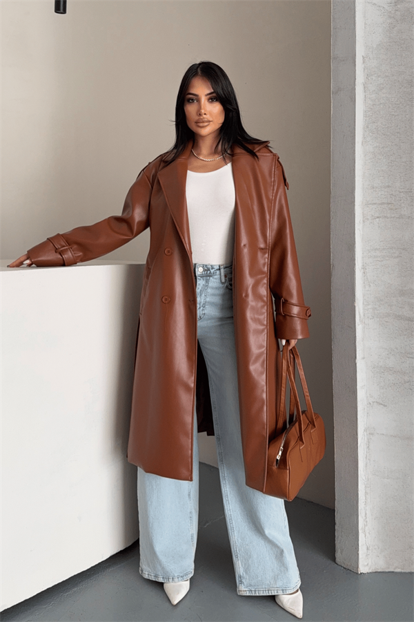 Suni Deri Kumaş Kısa Ceket - AÇIK KAHVE