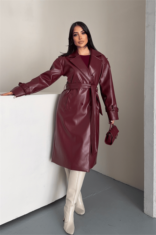 Suni Deri Kumaş Kısa Ceket - BORDO