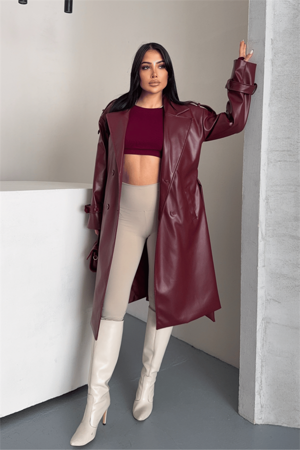 Suni Deri Kumaş Kısa Ceket - BORDO