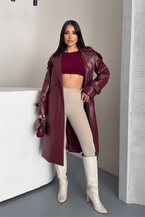 Suni Deri Kumaş Kısa Ceket - BORDO