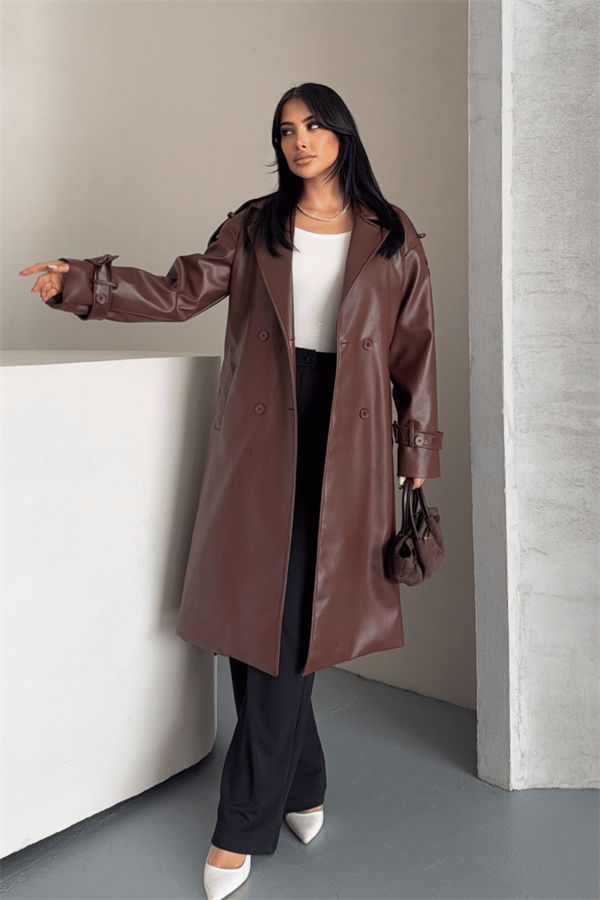 Suni Deri Kumaş Kısa Ceket - KOYU KAHVE