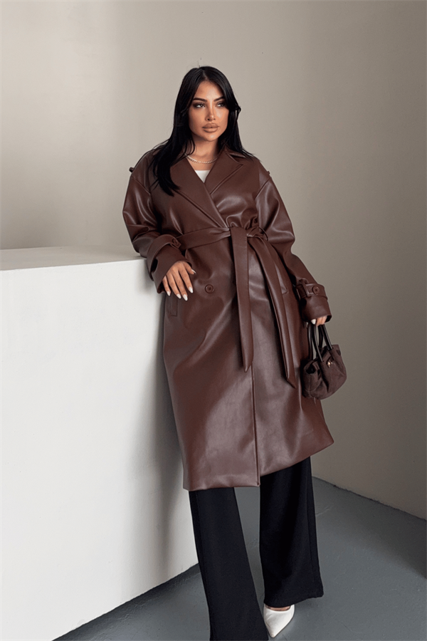 Suni Deri Kumaş Kısa Ceket - KOYU KAHVE