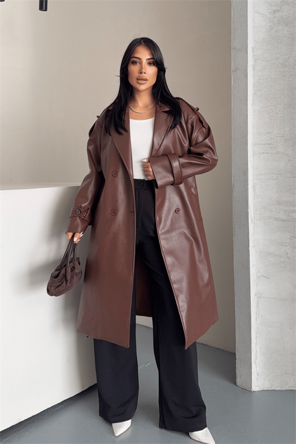 Suni Deri Kumaş Kısa Ceket - KOYU KAHVE