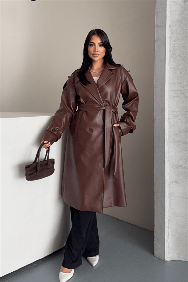 Suni Deri Kumaş Kısa Ceket - KOYU KAHVE