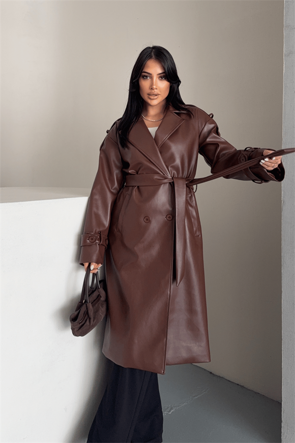 Suni Deri Kumaş Kısa Ceket - KOYU KAHVE