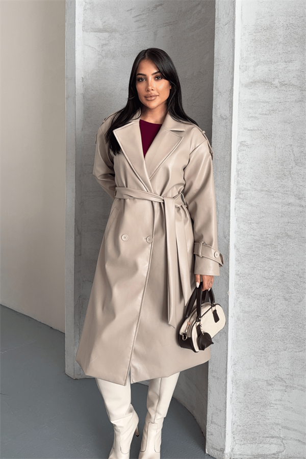 Suni Deri Kumaş Kısa Ceket - KREM