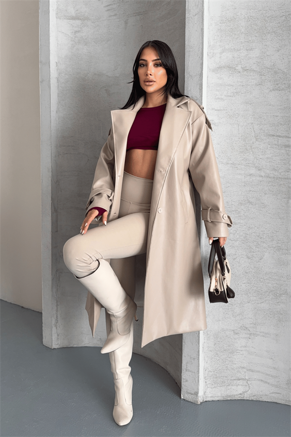 Suni Deri Kumaş Kısa Ceket - KREM