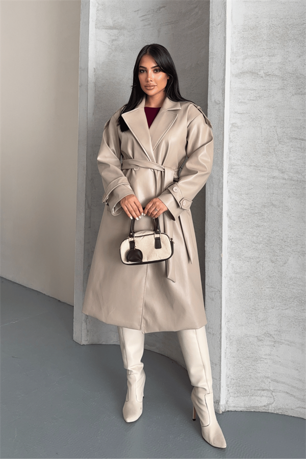 Suni Deri Kumaş Kısa Ceket - KREM