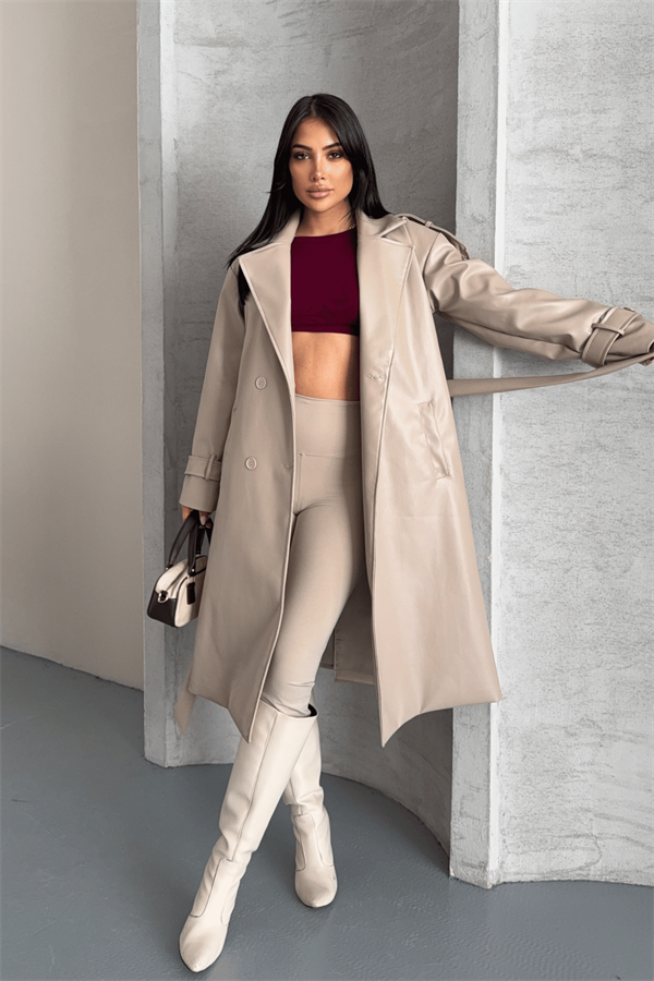 Suni Deri Kumaş Kısa Ceket - KREM