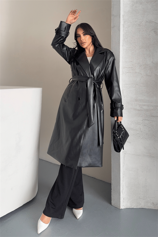 Suni Deri Kumaş Kısa Ceket - SİYAH