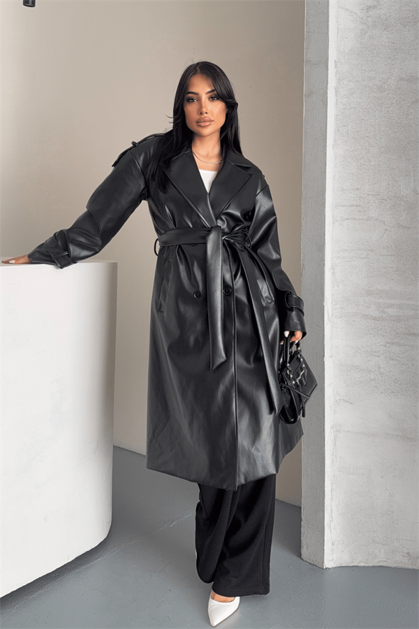 Suni Deri Kumaş Kısa Ceket - SİYAH