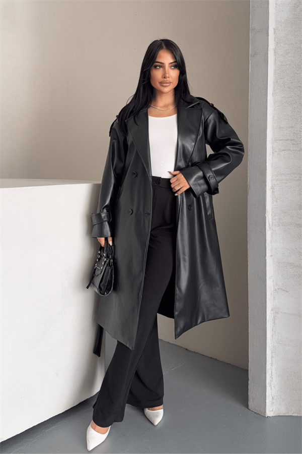 Suni Deri Kumaş Kısa Ceket - SİYAH