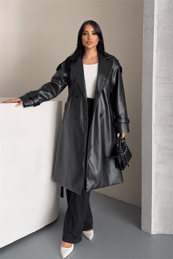 Suni Deri Kumaş Kısa Ceket - SİYAH