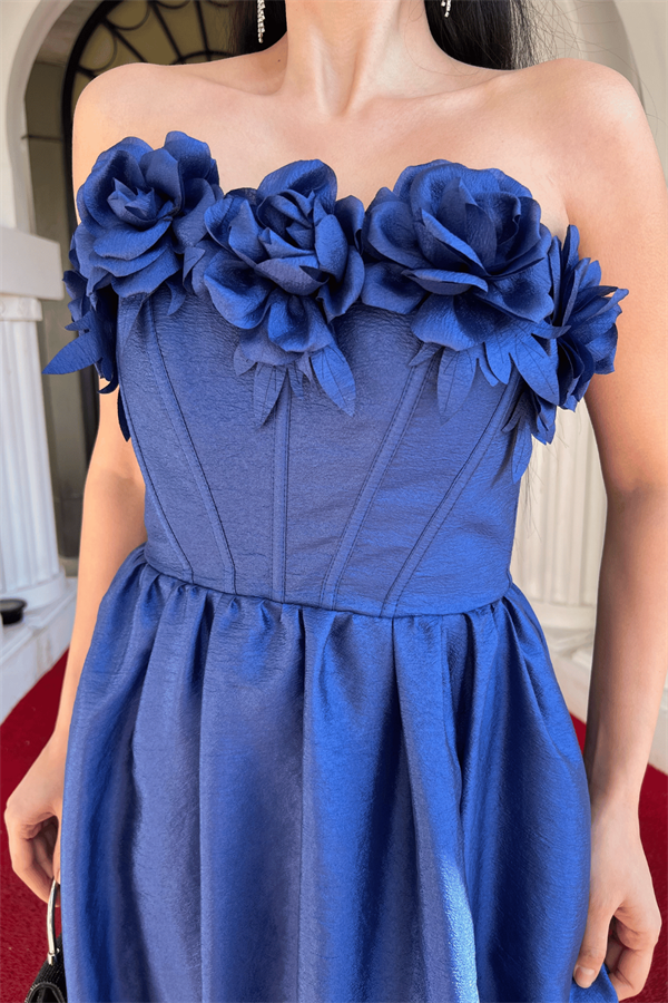 Tafta Kumaş Gül Balen Detaylı Abiye Elbise - SAKS MAVİ