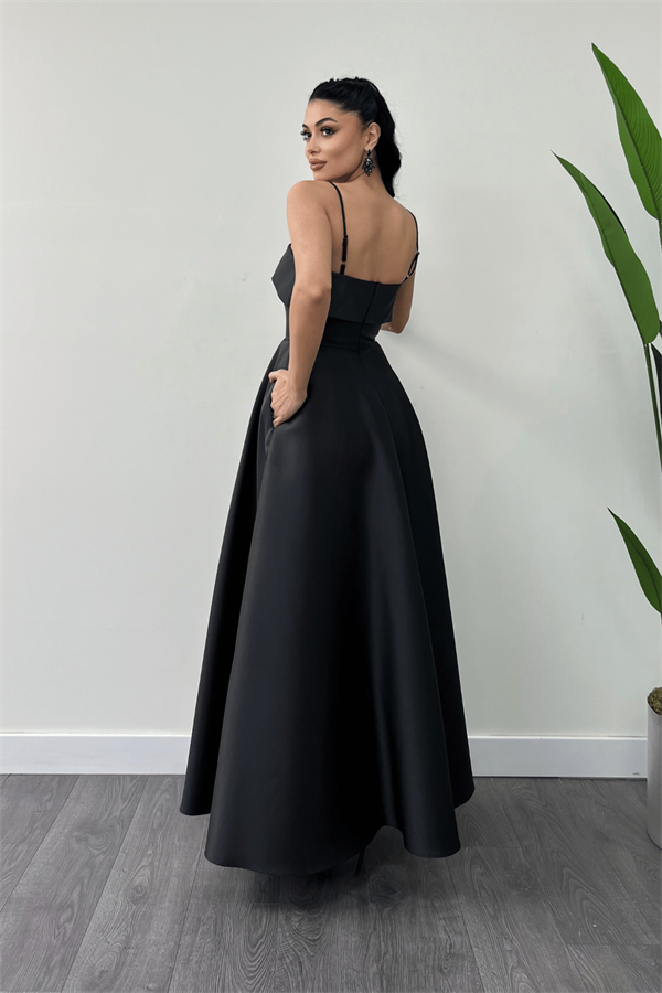 Tafta Saten Kumaş Askılı Abiye Elbise - SİYAH