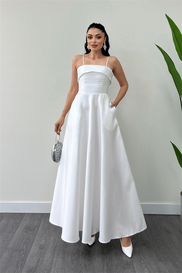 Tafta Saten Kumaş Askılı Abiye Elbise - BEYAZ