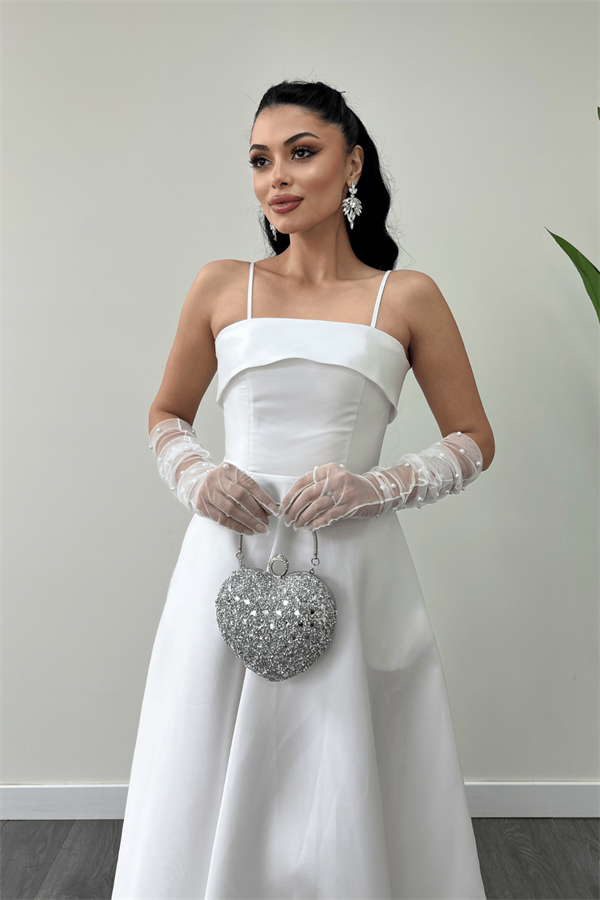 Tafta Saten Kumaş Askılı Abiye Elbise - BEYAZ