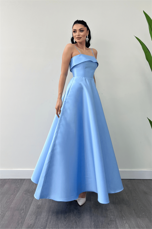 Tafta Saten Kumaş Askılı Abiye Elbise - BEBE MAVİSİ