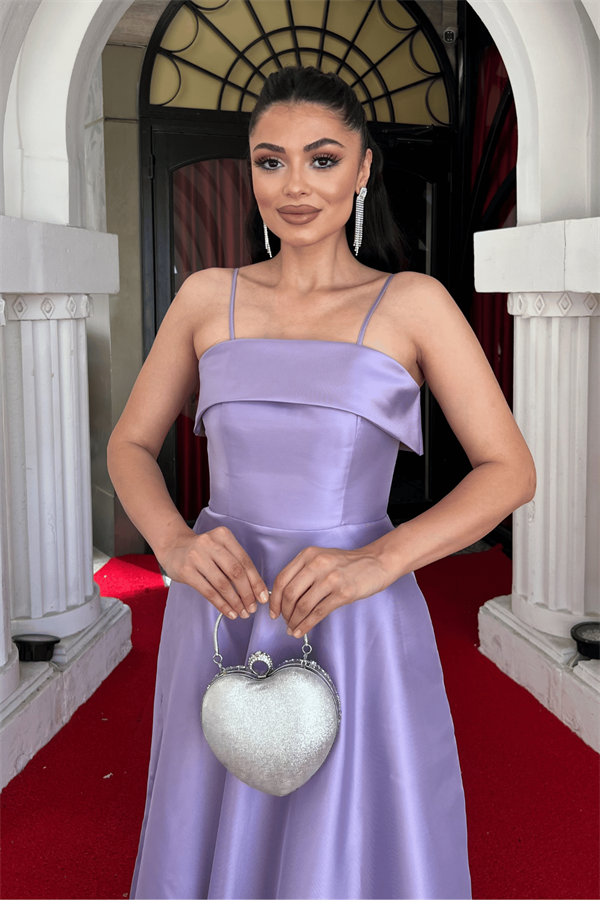 Tafta Saten Kumaş Askılı Abiye Elbise - LİLA