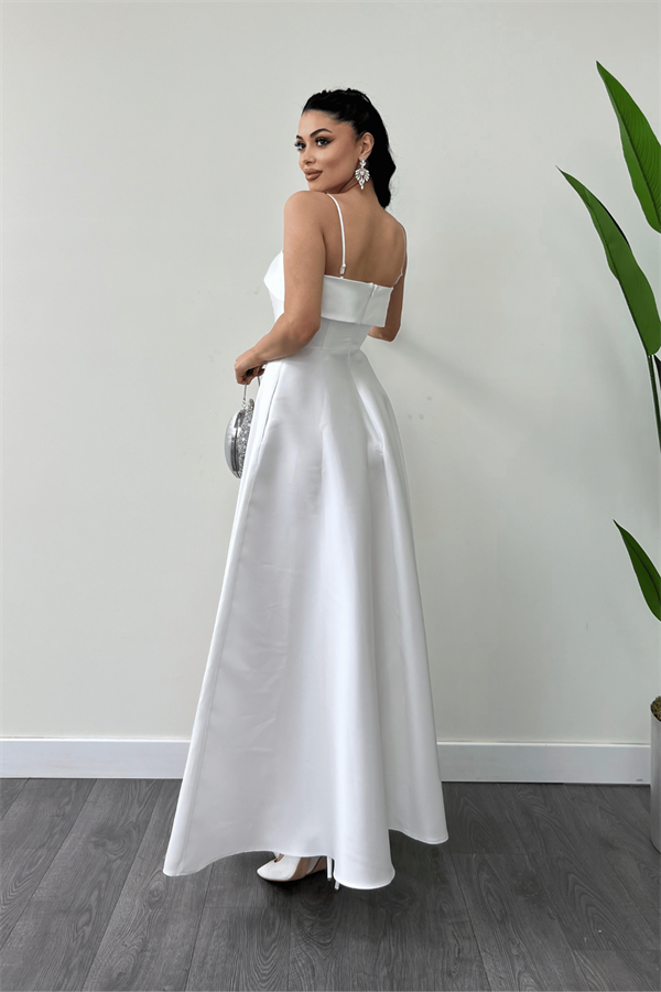 Tafta Saten Kumaş Askılı Abiye Elbise - BEYAZ