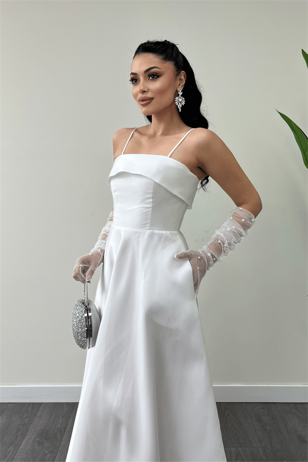 Tafta Saten Kumaş Askılı Abiye Elbise - BEYAZ