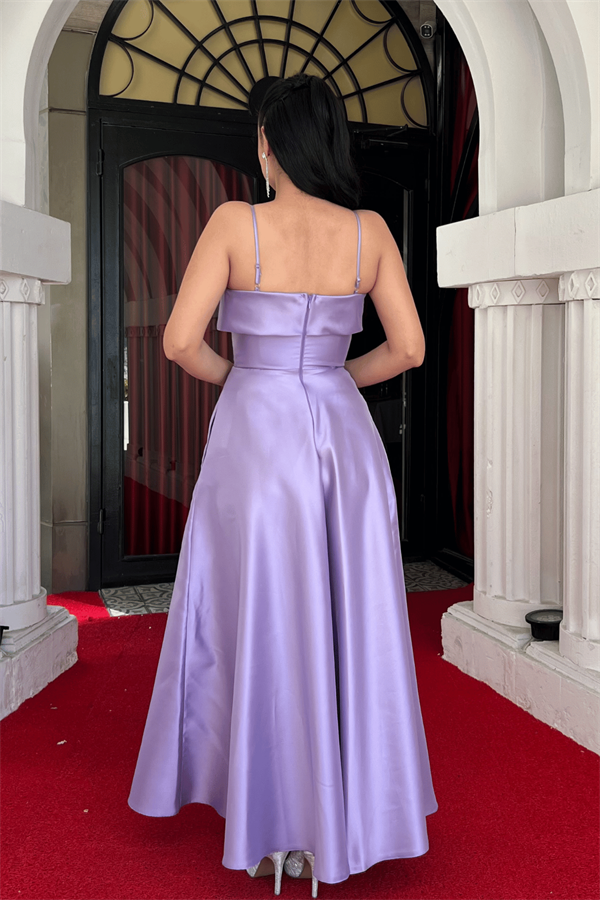 Tafta Saten Kumaş Askılı Abiye Elbise - LİLA