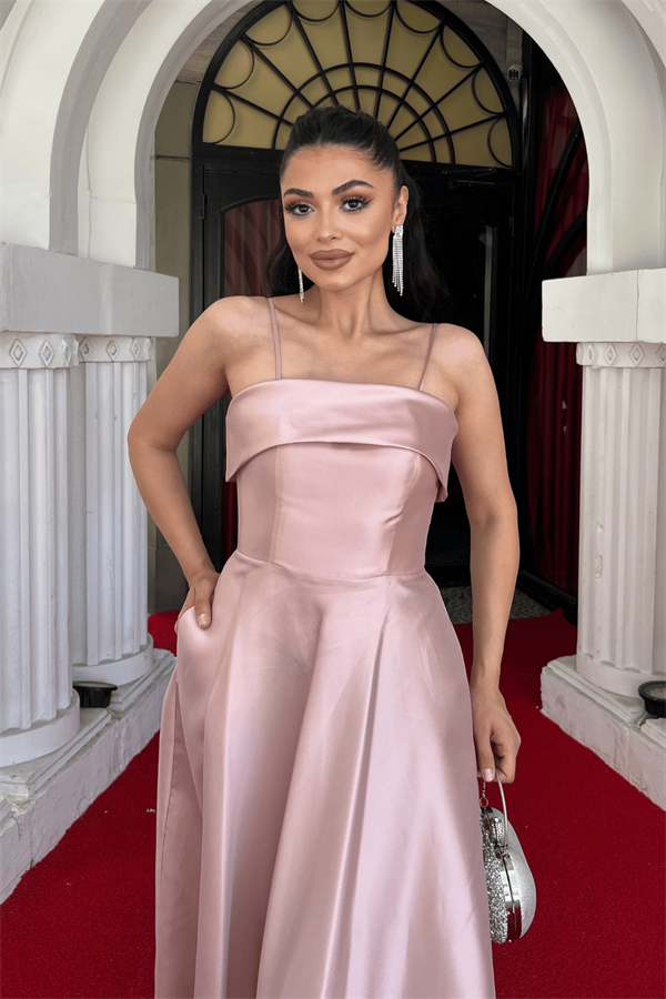 Tafta Saten Kumaş Askılı Abiye Elbise - KREM