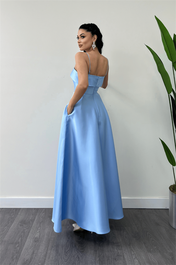 Tafta Saten Kumaş Askılı Abiye Elbise - BEBE MAVİSİ